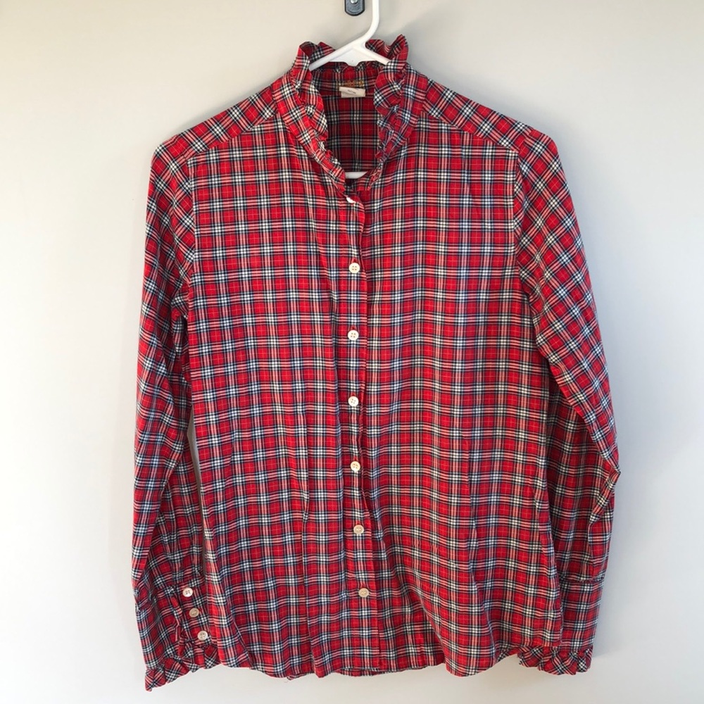 Red plaid J.Crew long sleeve ruffled button up